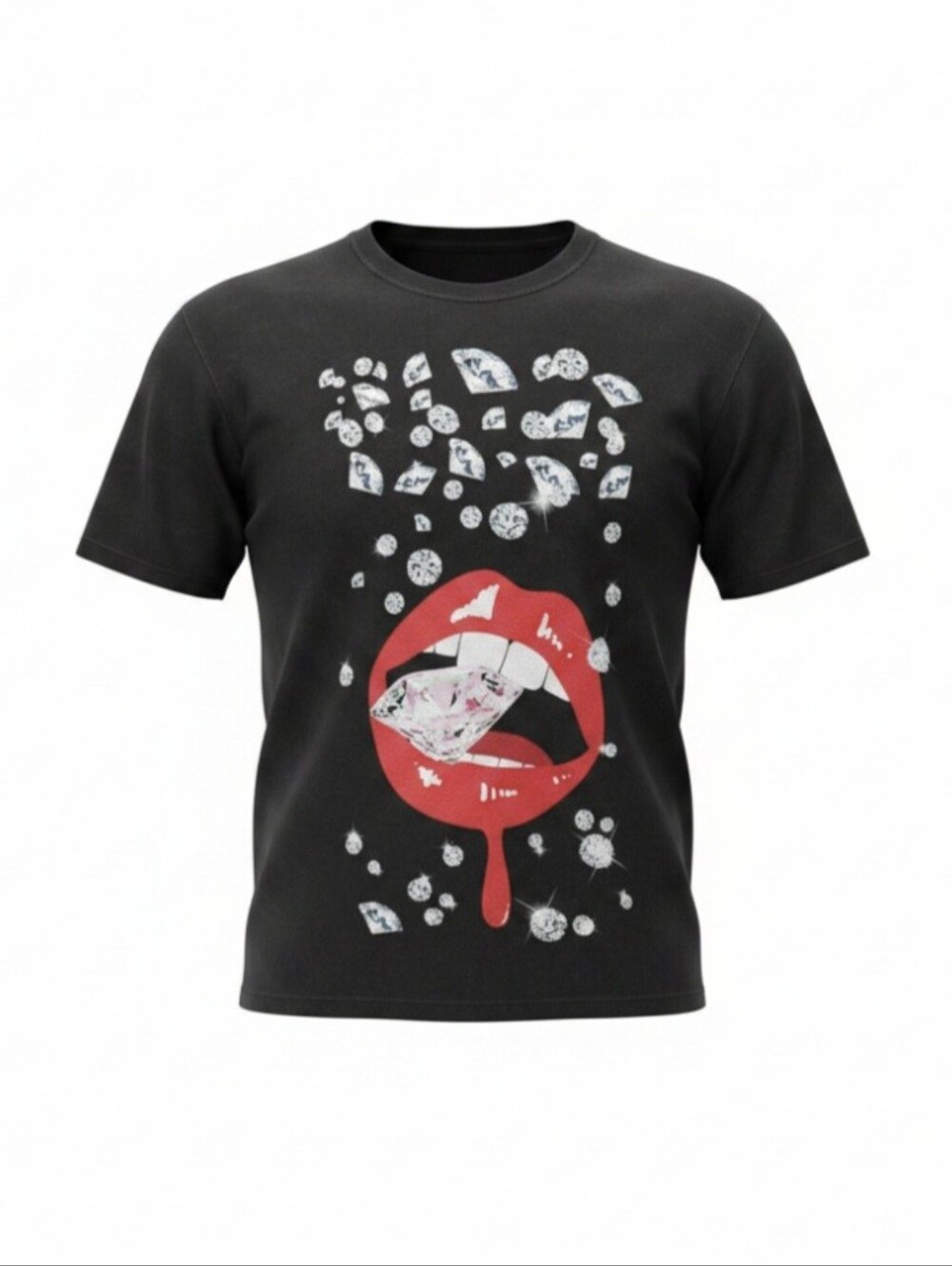 Black Graphic Tee with Red Lips and Diamond Motif